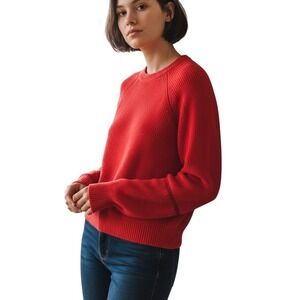 LOFT Red Crew Neck Ribbed Knit Sweater Bell Sleeve Casual M